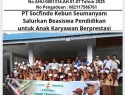 PT Socfindo Kebun Seumanyam Salurkan Beasiswa Pendidikan untuk Anak Karyawan Berprestasi