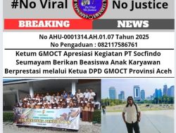 Ketum GMOCT Apresiasi Kegiatan PT Socfindo Seumayam Berikan Beasiswa Anak Karyawan Berprestasi melalui Ketua DPD GMOCT Provinsi Aceh